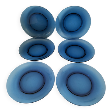 6 assiettes à dessert Vereco bleu saphir – Années 1970