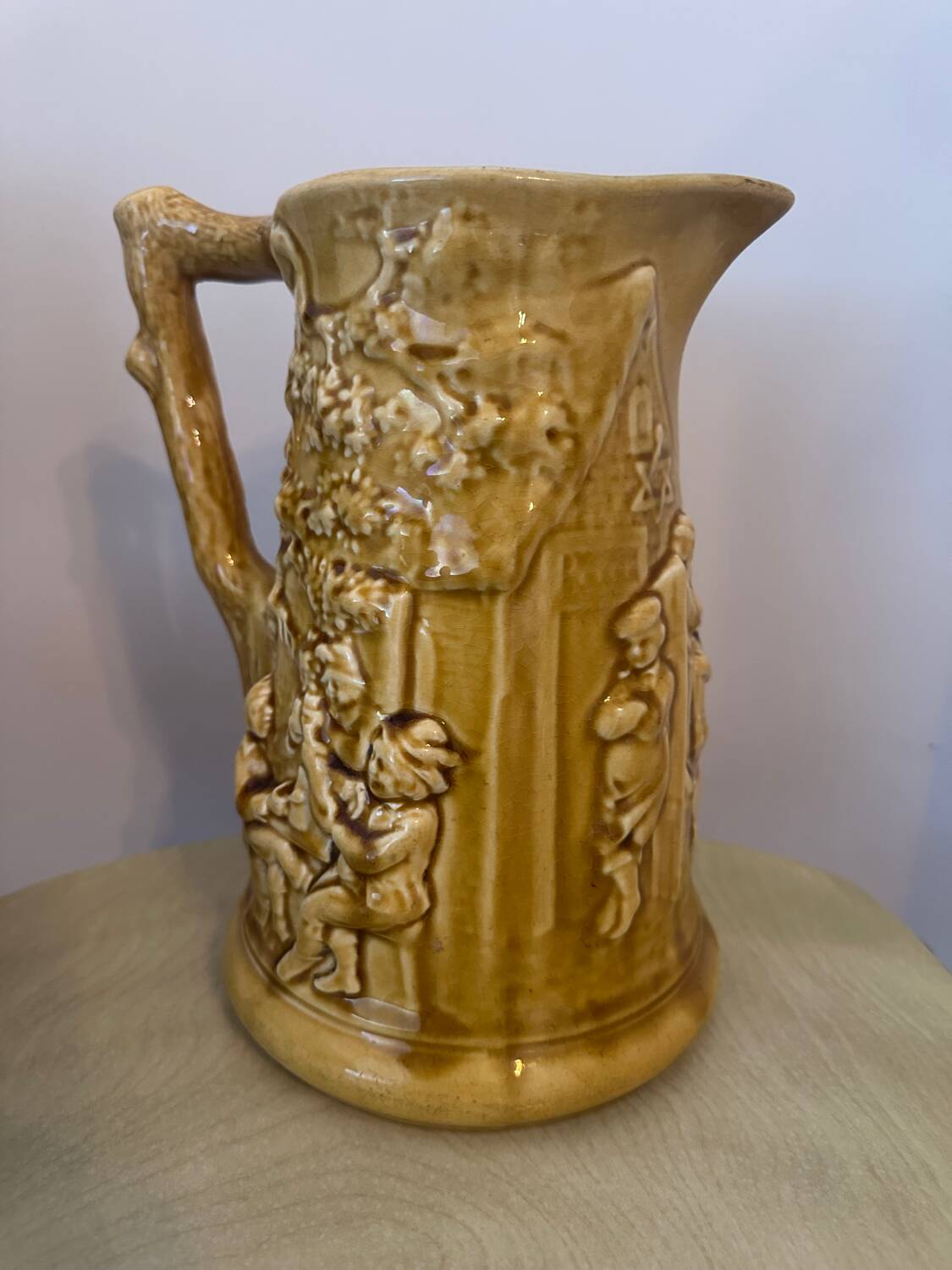 Old large Sarreguemines Majolica earthenware pitcher, vintage slip