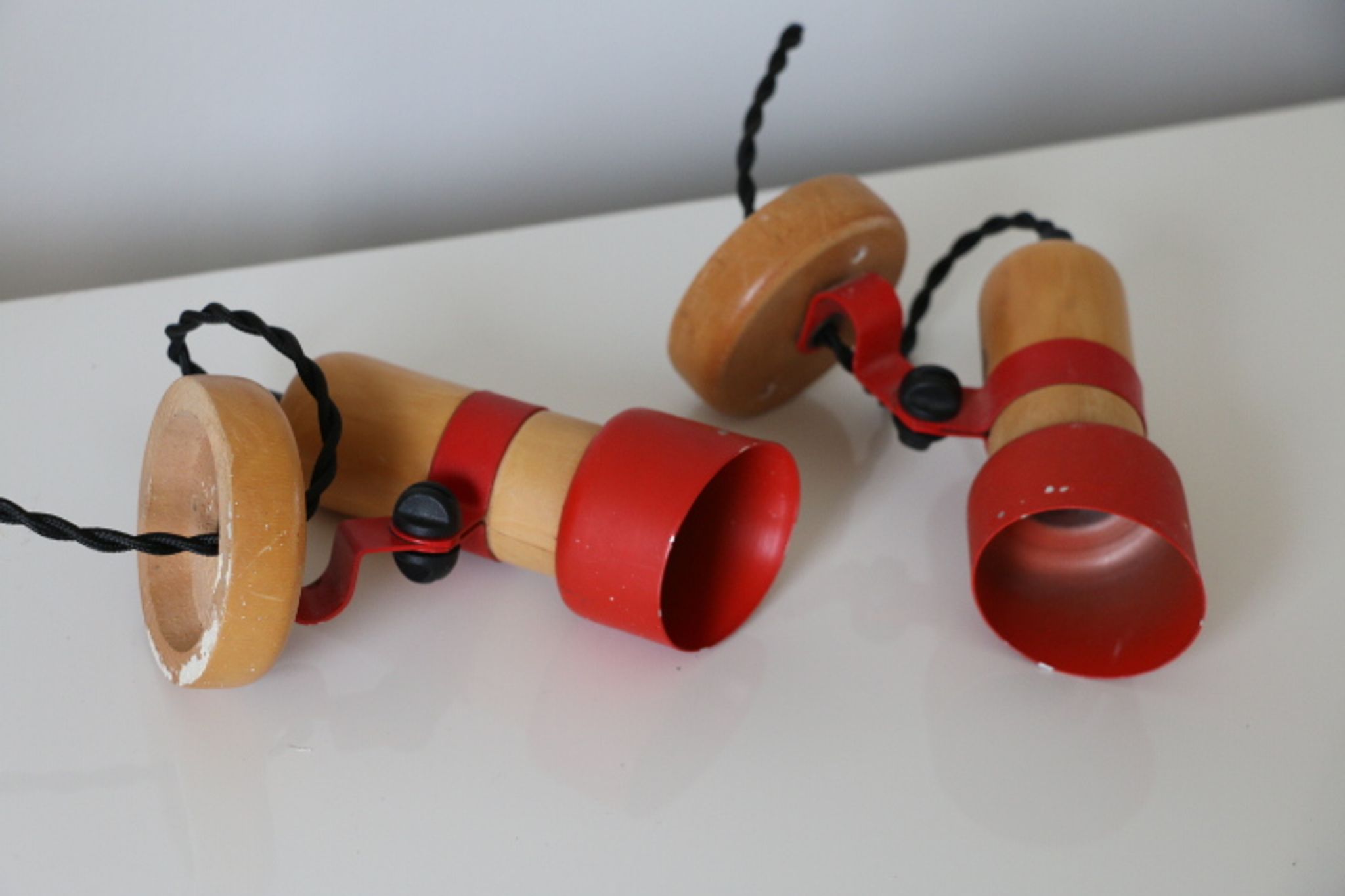 Pair of wall lamps wood and red metal
