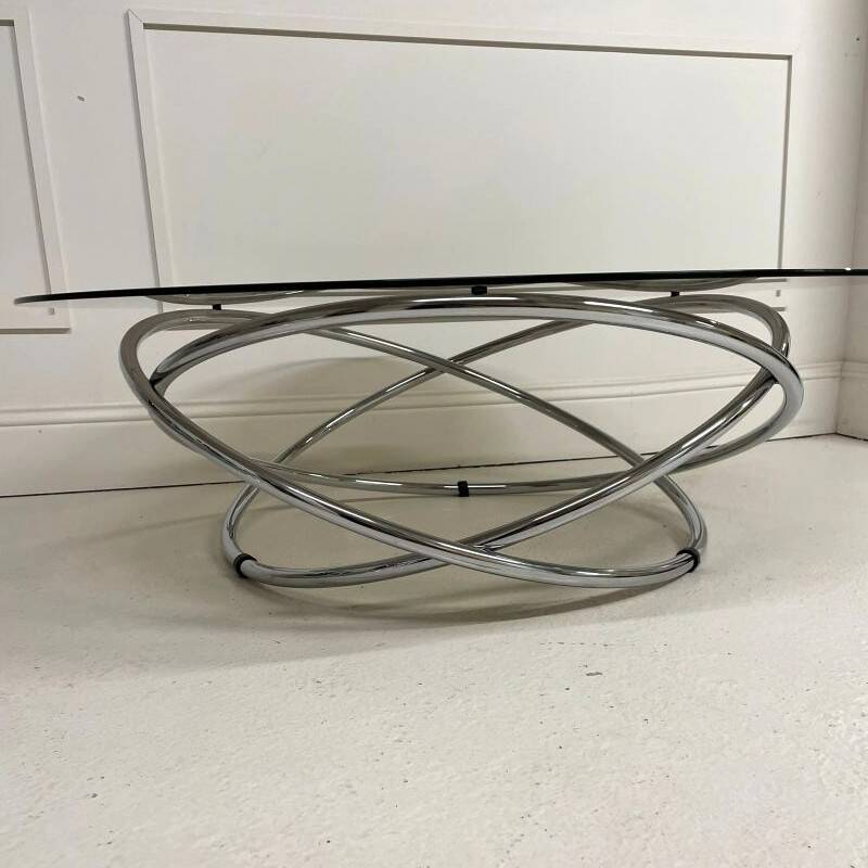 Table basse ronde en chrome et verre fumé, Miniforms "Swirl", Made in Italy