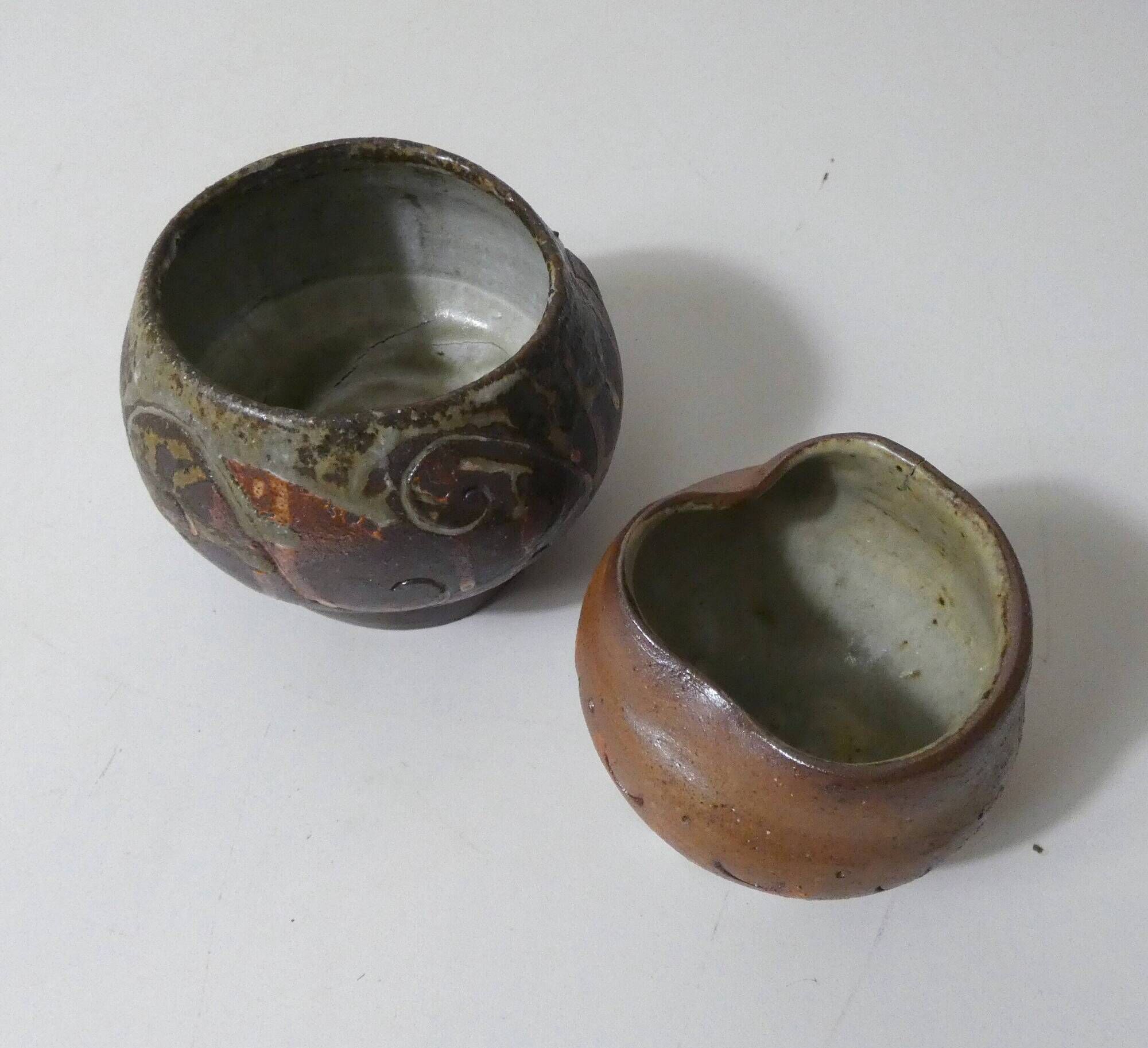 2 asymmetrical brutalist stoneware bowls signed G.Toutous Vintage
