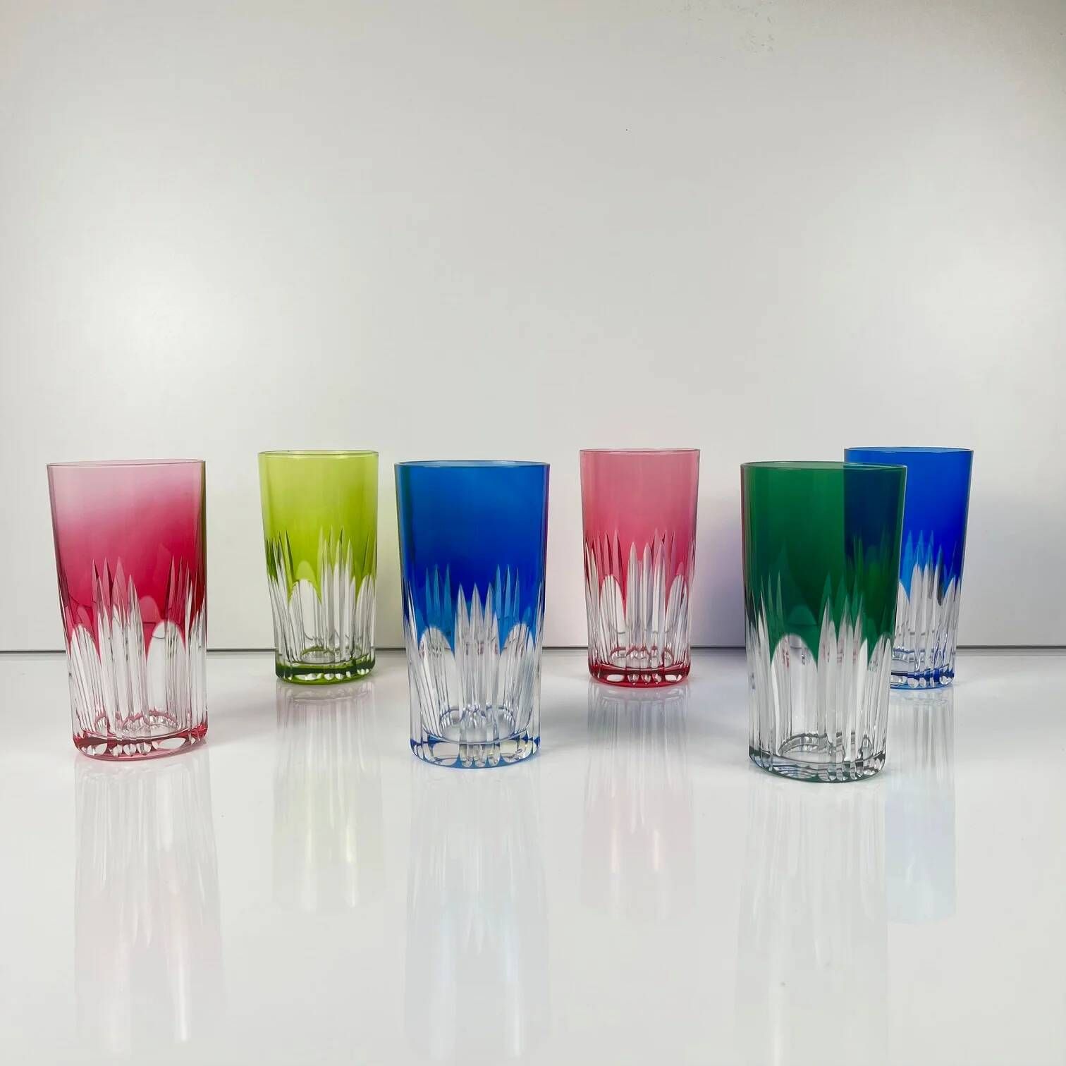 Set of 6 coloured double crystal long drink glasses, 1970s, Eastern Europe.