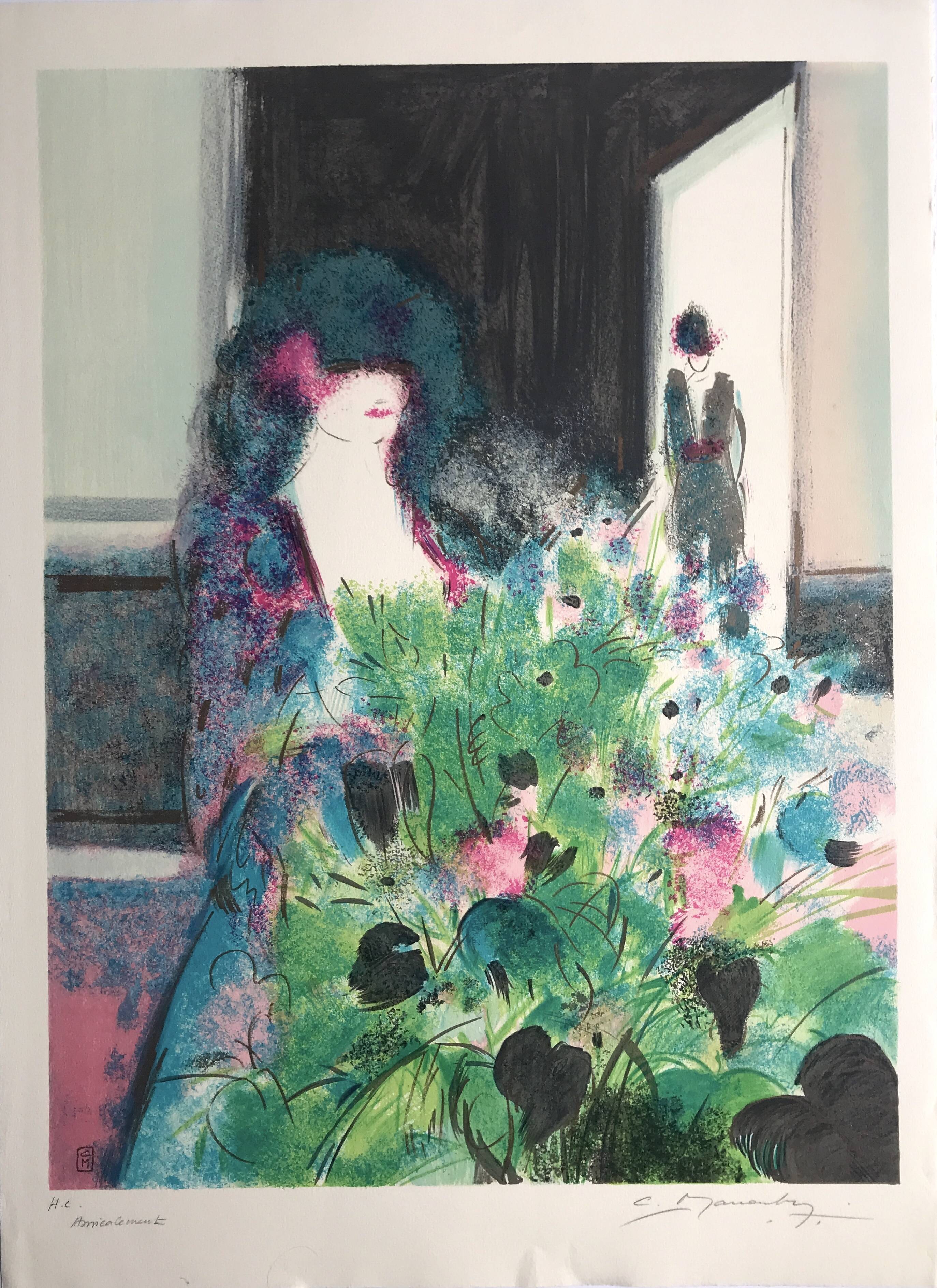 Claude manoukian woman with a bouquet, 1980. lithograph signed in pencil