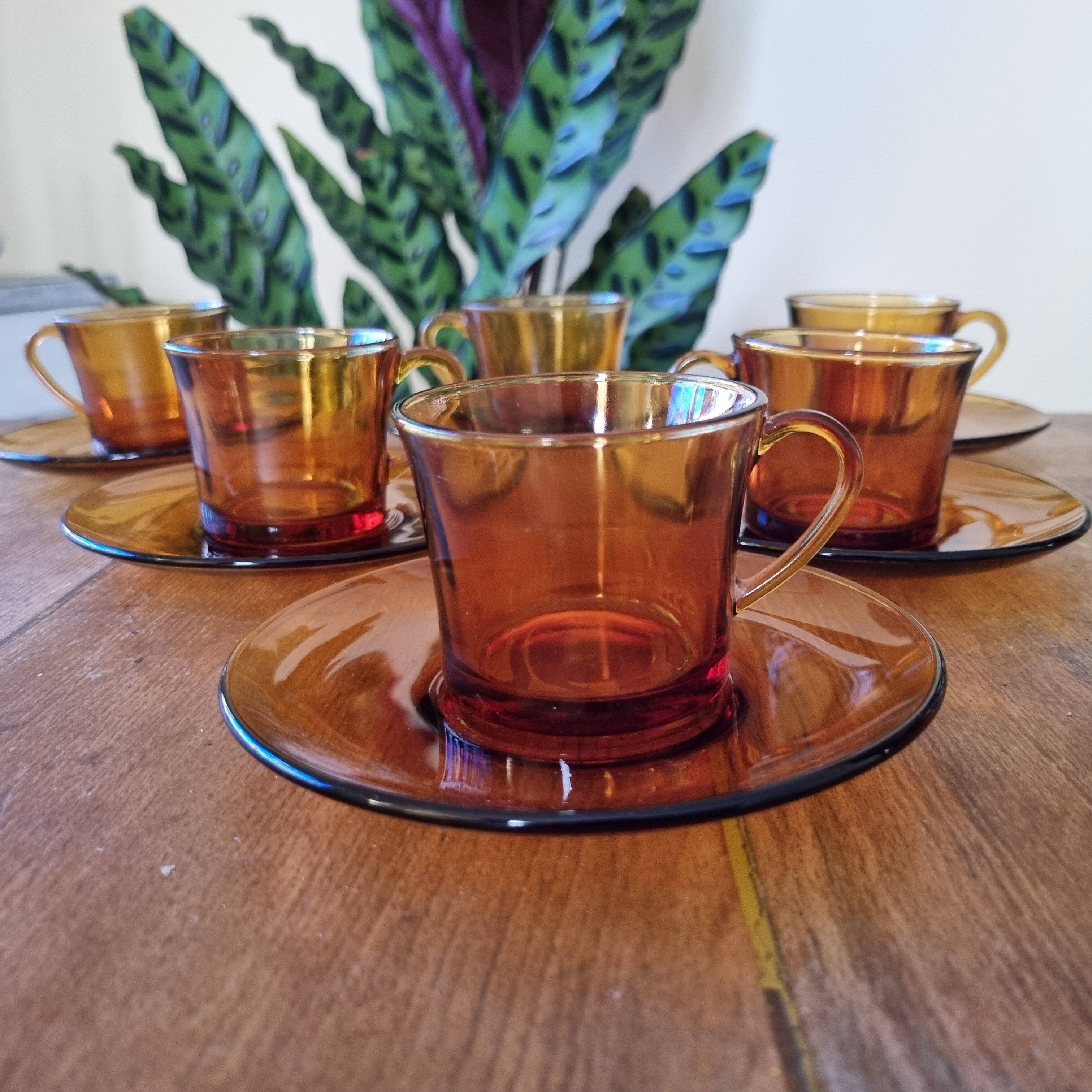 Set of 6 cups & saucers vintage Duralex amber glass signed