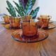 Set of 6 cups & saucers vintage Duralex amber glass signed