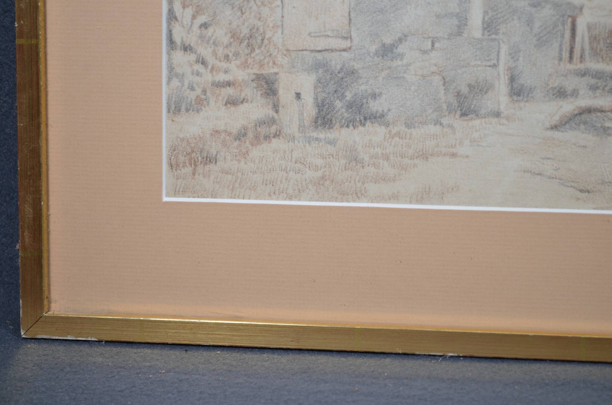 Pencil drawing "Landscape of Ruins" 1918 signed and dated