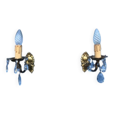Vintage French Crystal Wall Sconces: Victorian Bronze & Brass Pair