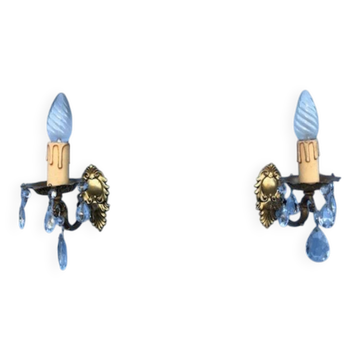Vintage French Crystal Wall Sconces: Victorian Bronze & Brass Pair