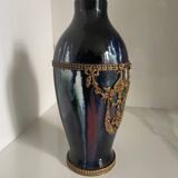 Ceramic vase with enamel drips, brass mount, around 1920, Be