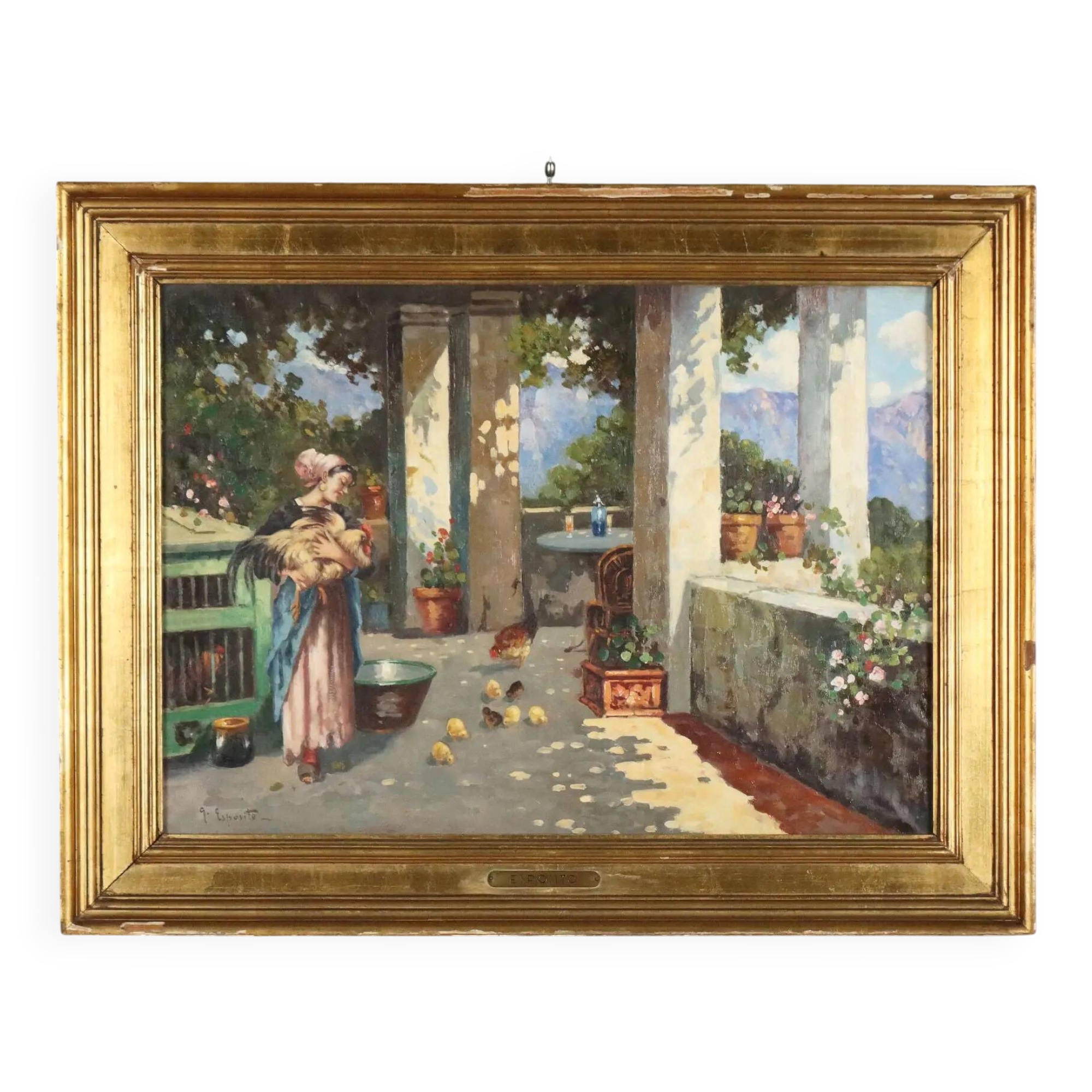Old painting "The Porch" oil on canvas signed G. Esposito XX Century