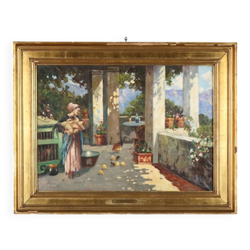 Old painting "The Porch" oil on canvas signed G. Esposito XX Century