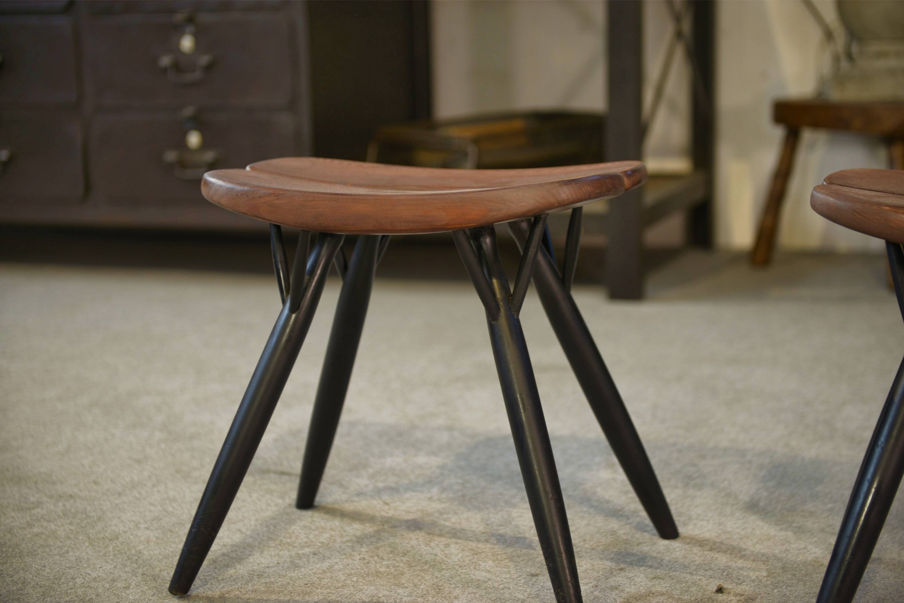 Pair of Pirkka stools by Ilmari Tapiovaara for Laukaan Puu (first edition, stamped) 1950s