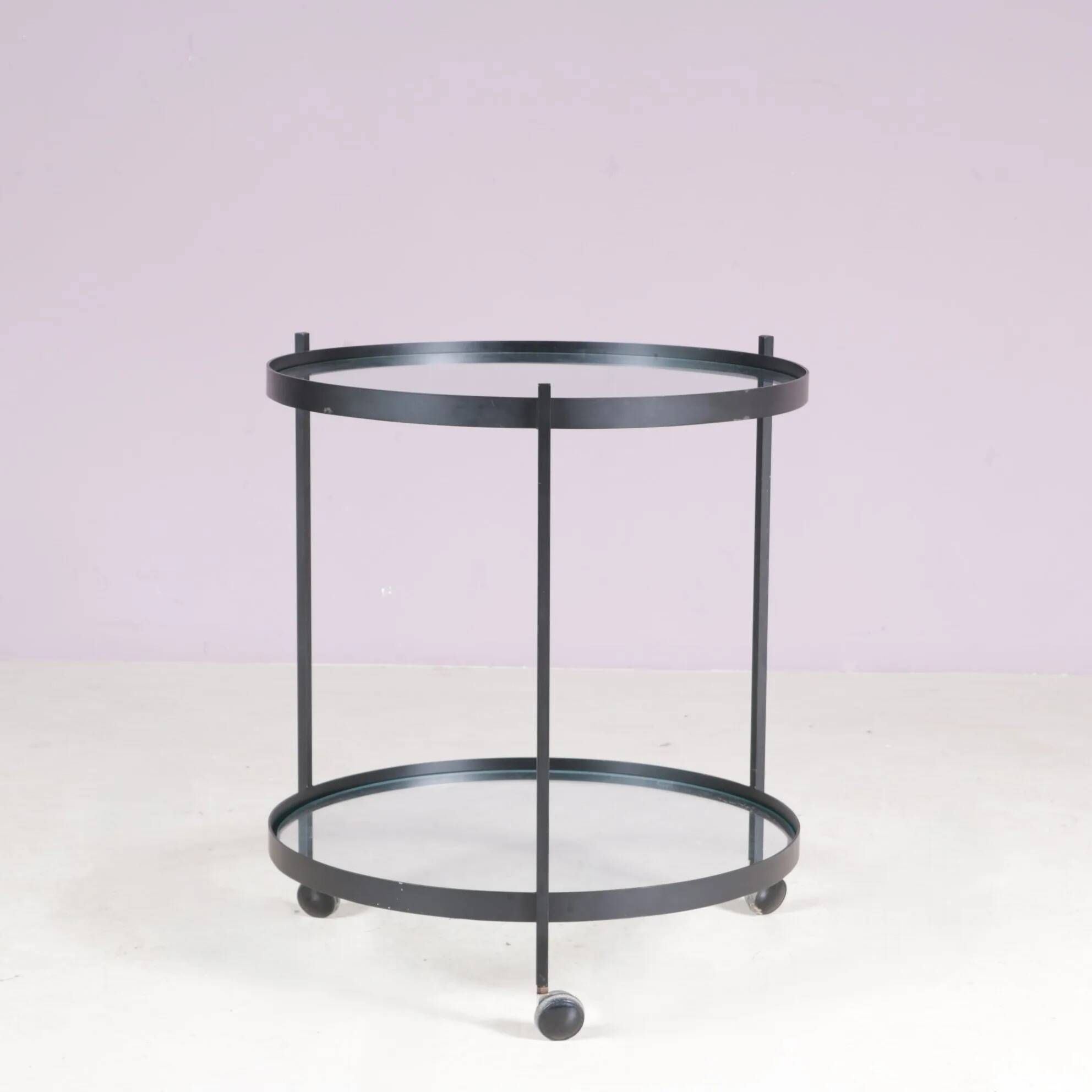 1960s round trolley black metal with two glass tops Janni van Pelt Netherlands