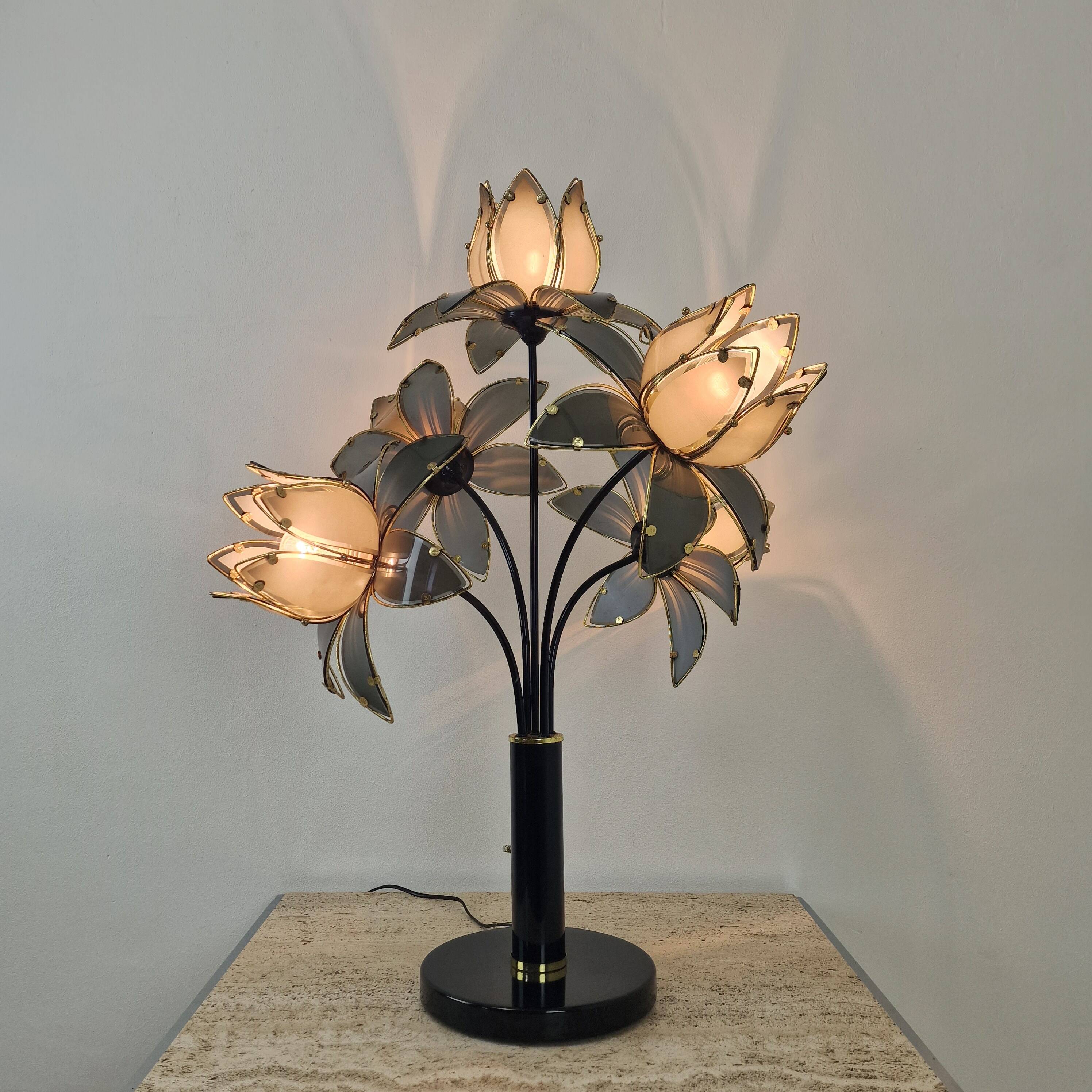 Hollywood Regency 5-Light Lotus Flower Table Lamp in Smoked Glass, 1980's