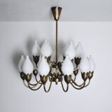 Fog & Mørup 18-Arm Brass and Opaline Glass Tulip Chandelier