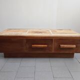 Vintage 1970 coffee table in solid oak & ceramic