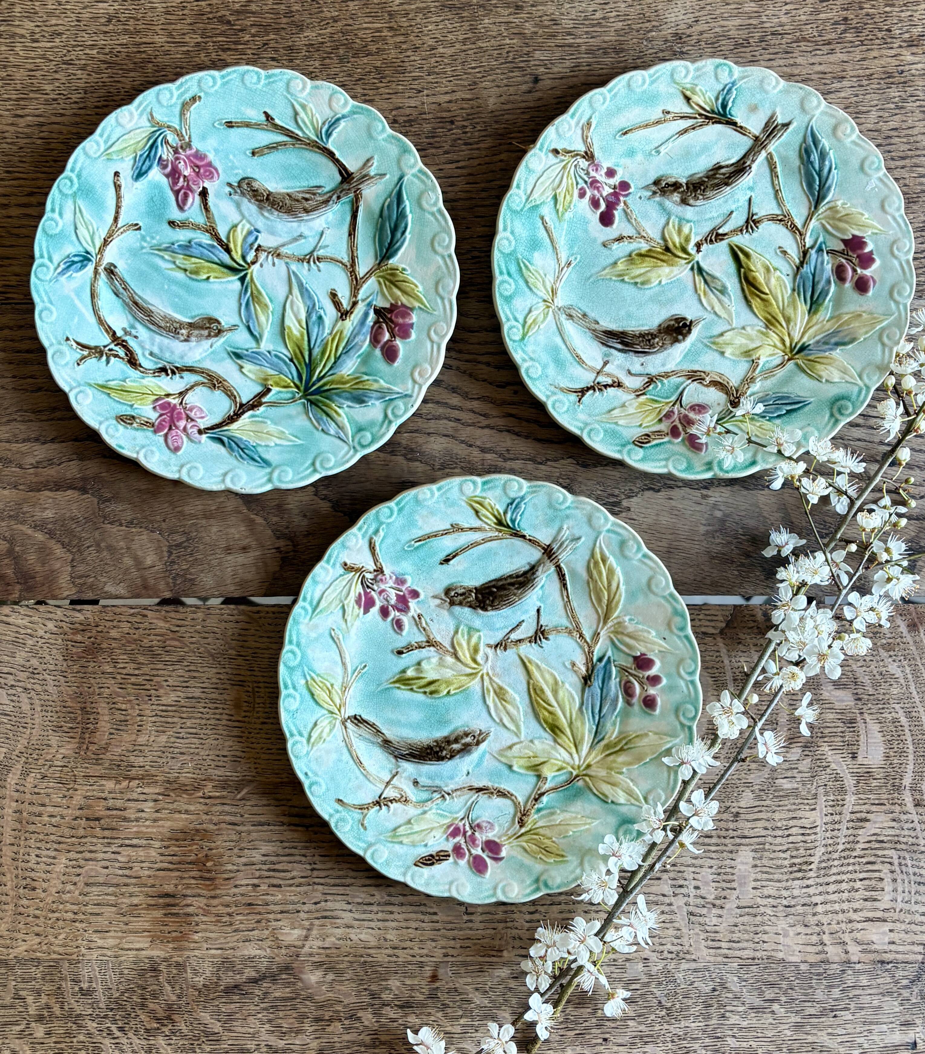 Set of 3 antique plates in majolica with bird designs.