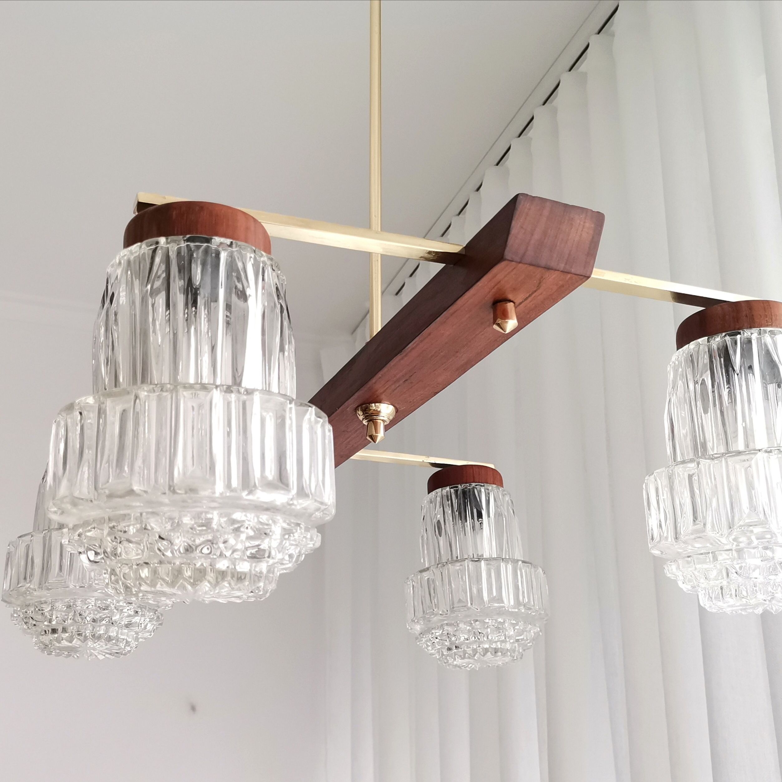 Vintage 60s rustic 4-light  wooden chandelier