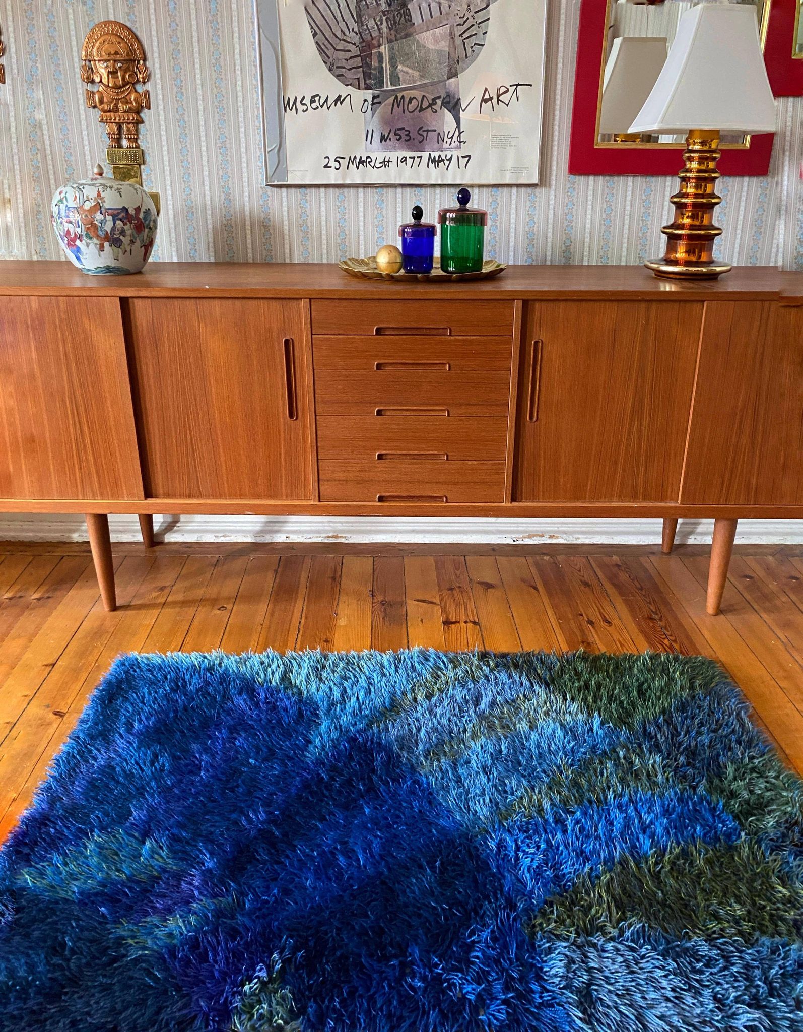 Mid-century Modern High Pile Blue Rya Rug, Sweden, 1960s