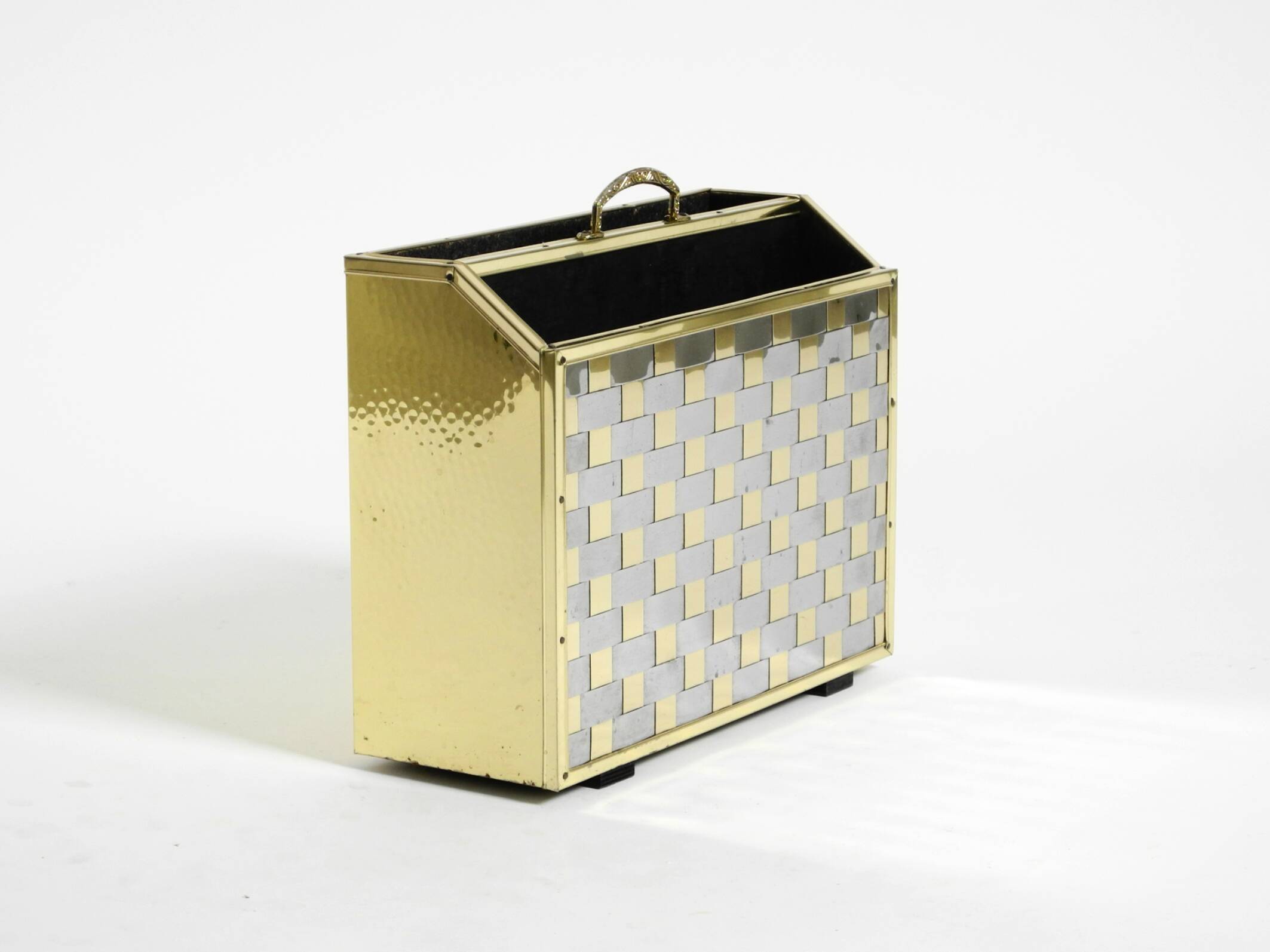 1980s newspaper rack made of brass and wood in Hollywood Regecy design