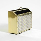 1980s newspaper rack made of brass and wood in Hollywood Regecy design