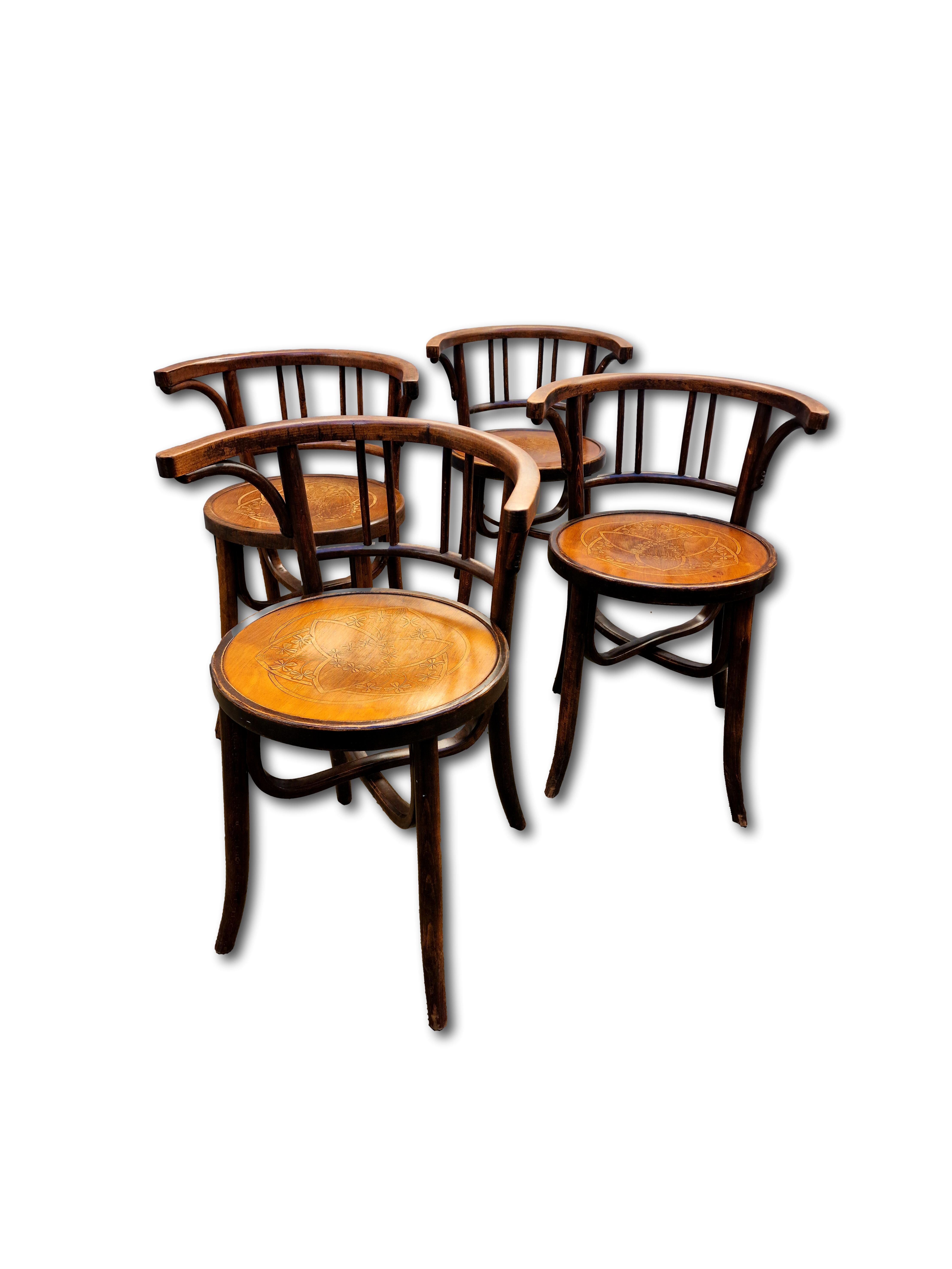 Art Nouveau Chairs Arched Wood and Floral Decoration, 1910s