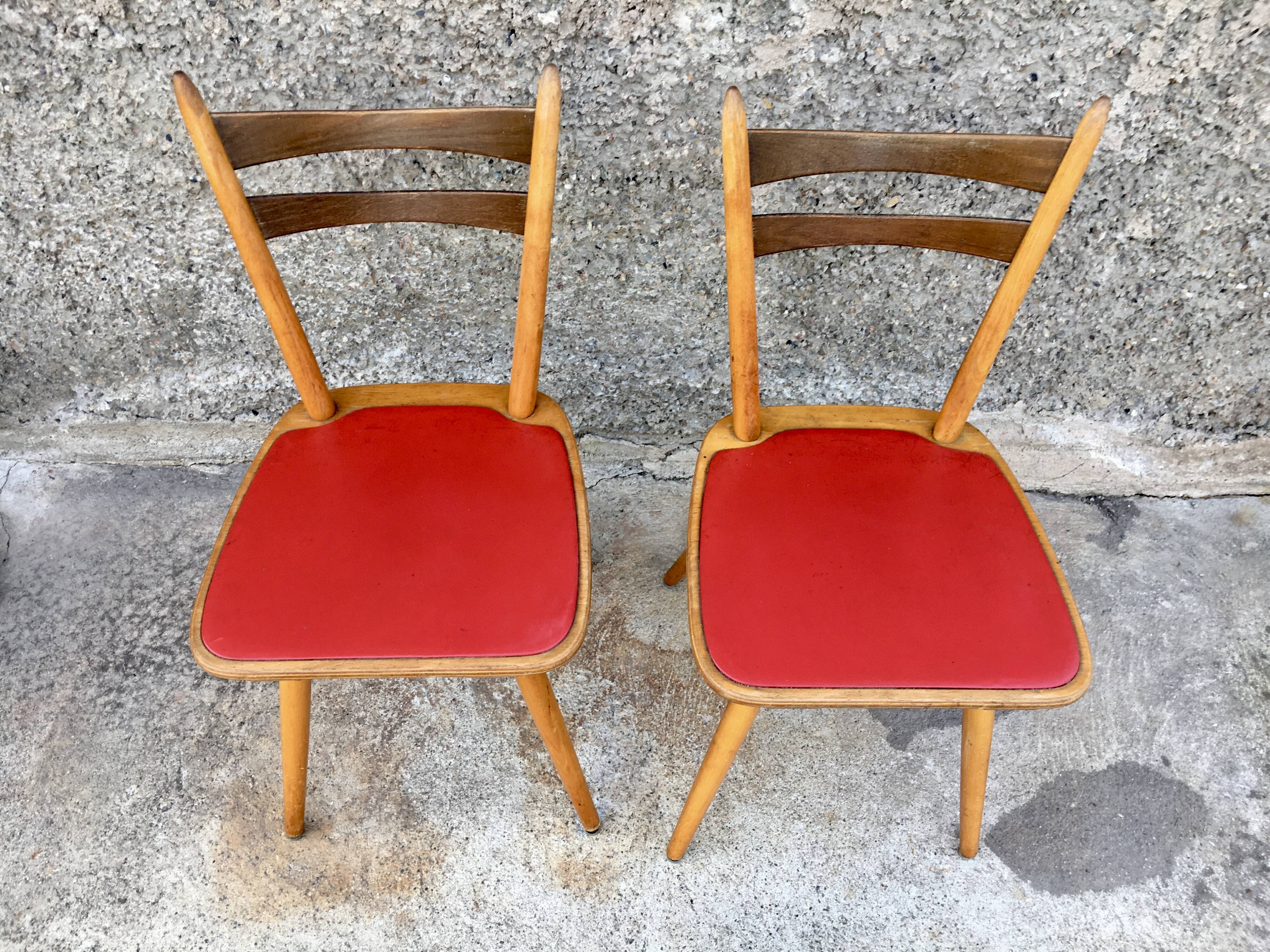 Pair of bistro and bohemian beech chairs, compass feet 1950