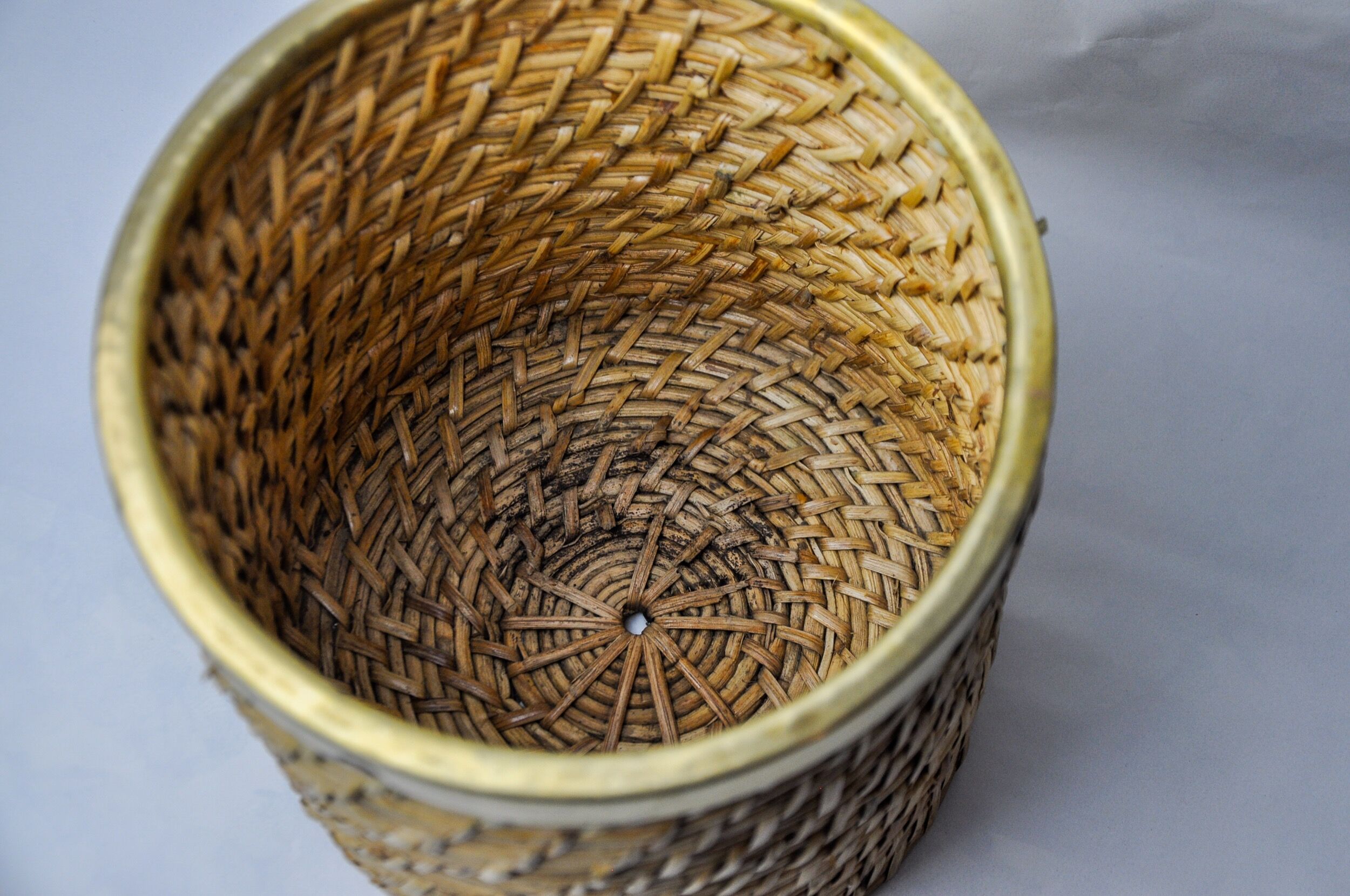 Rattan and brass book basket, Italy, 1970