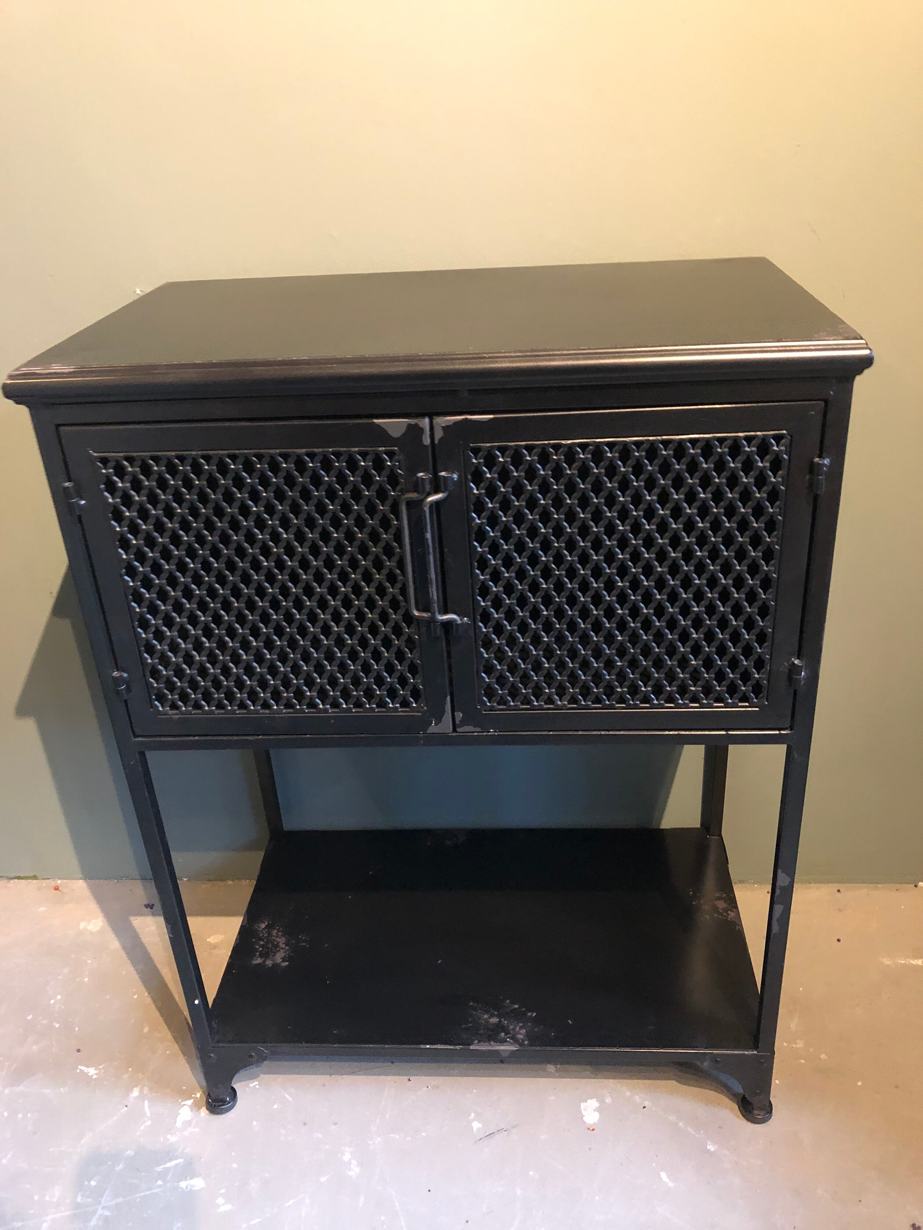 Black industrial glass cabinet with Louvre doors