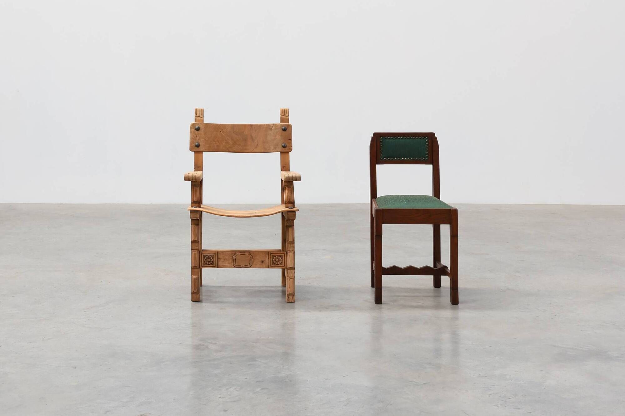 Brutalist armchair with carved rosettes and nailed wooden seat, Spain