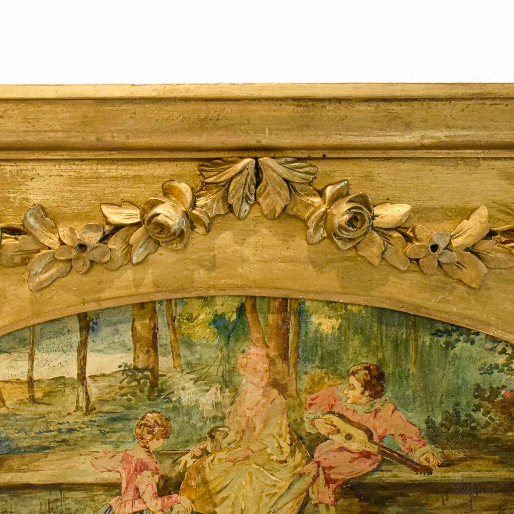 Mirror trumeau old golden wood carved pediment floral romantic painting h 135 cm