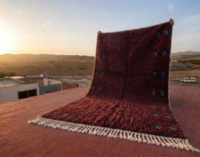 Moroccan Berber rug burgundy 300x200 cm – blue-green geometric patterns