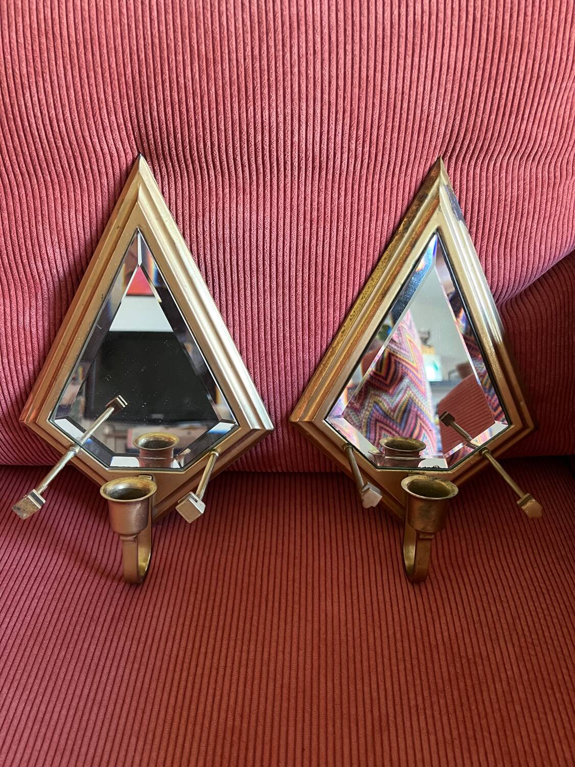 Set of 2 vintage wall lights with integrated candle holder and bis mirror