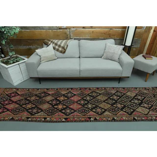 1970s Vintage Turkish Oushak Handmade Wool Cotton Pink Runner Rug 85x377