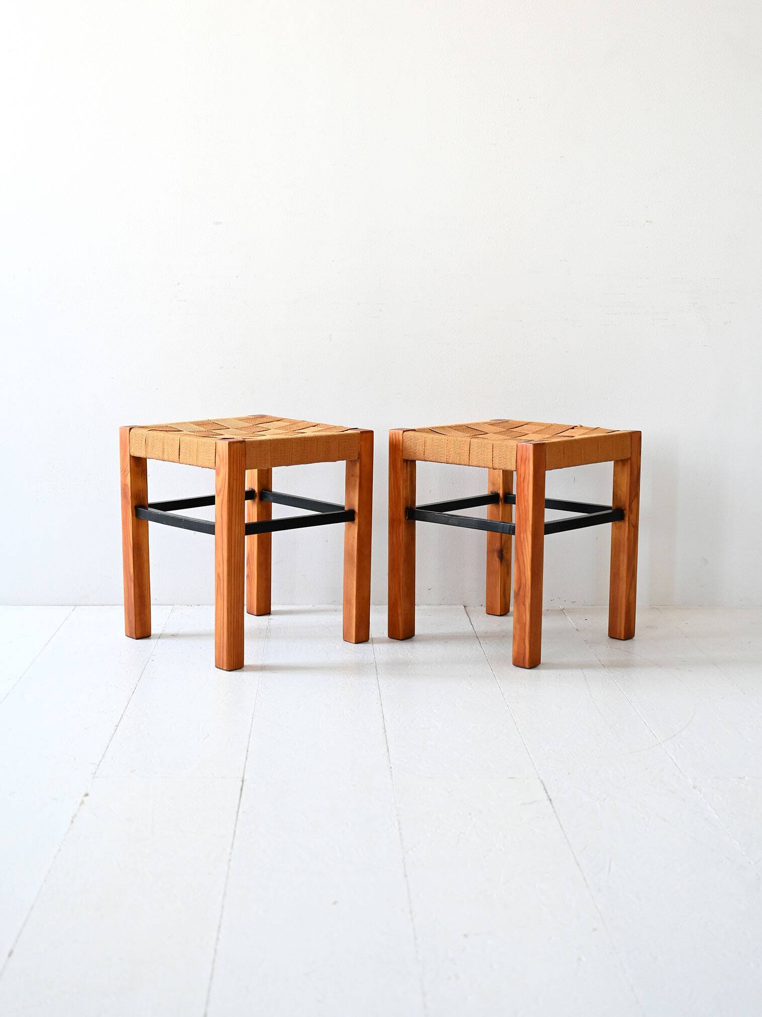 Pair of Scandinavian vinatge pine stools with woven seats