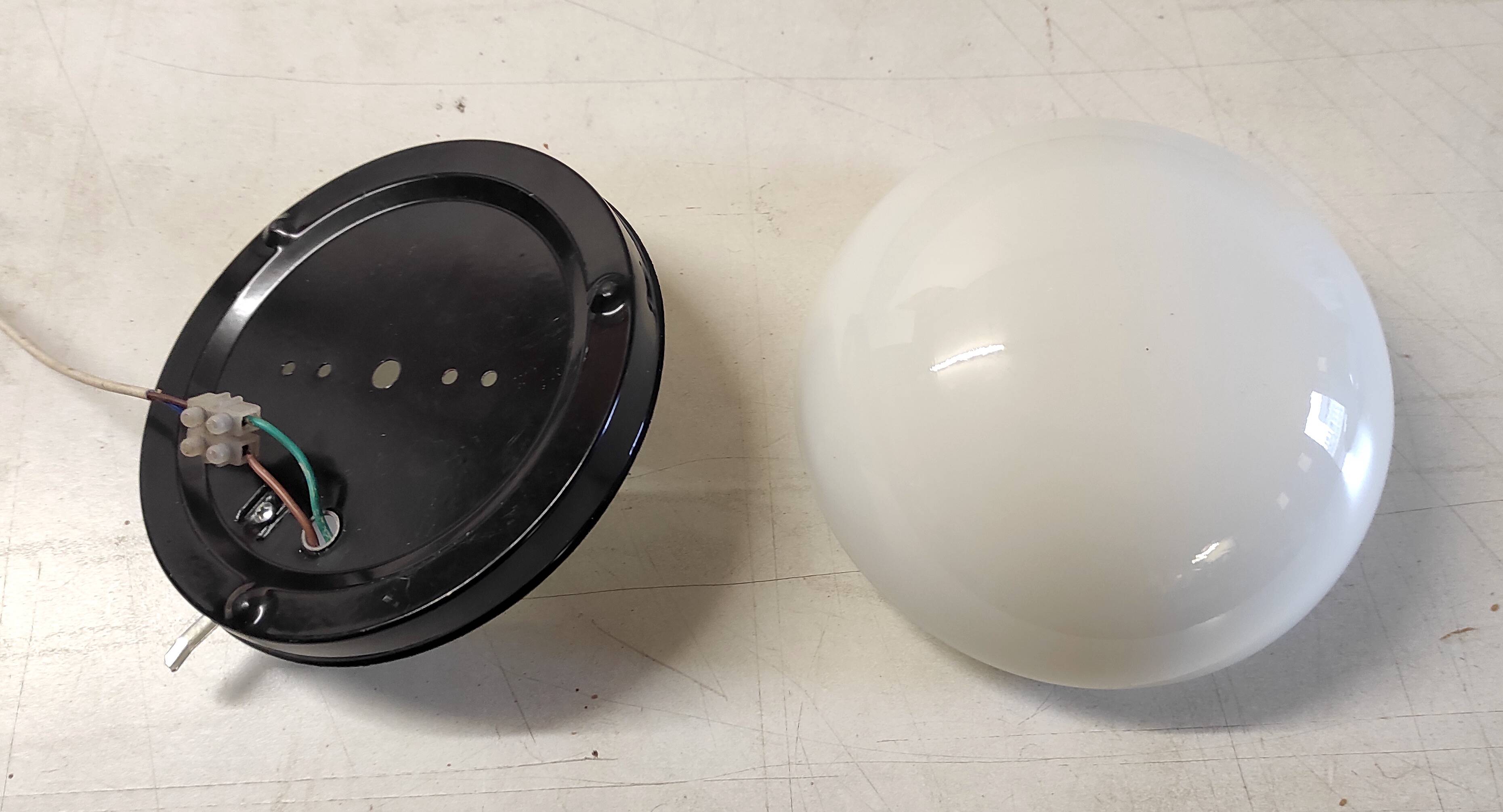 Opaline globe and black metal ceiling or wall light, diam. 20 cm - late 20th century