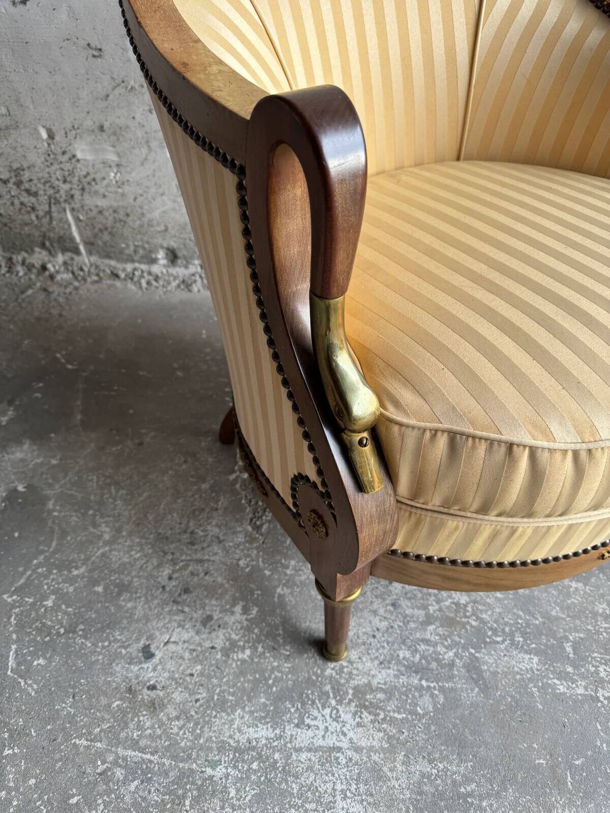 DeCoene antique wood writing desk with beige striped upholstered chair, brass-accented classic set