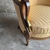 DeCoene antique wood writing desk with beige striped upholstered chair, brass-accented classic set