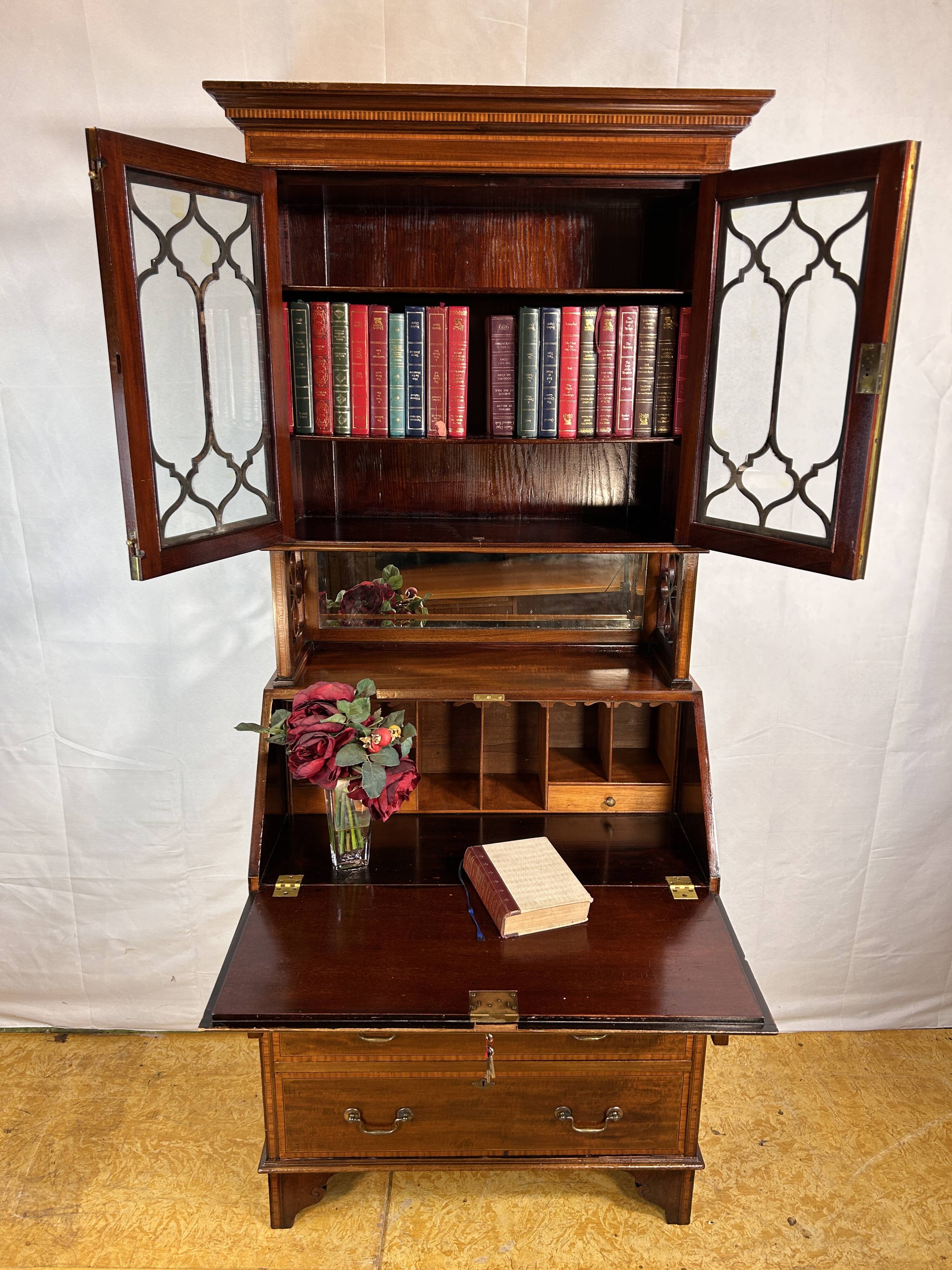Antique Edwardian Bureau Bookcase with Inlaid Floral Detail – Early 20th Ce