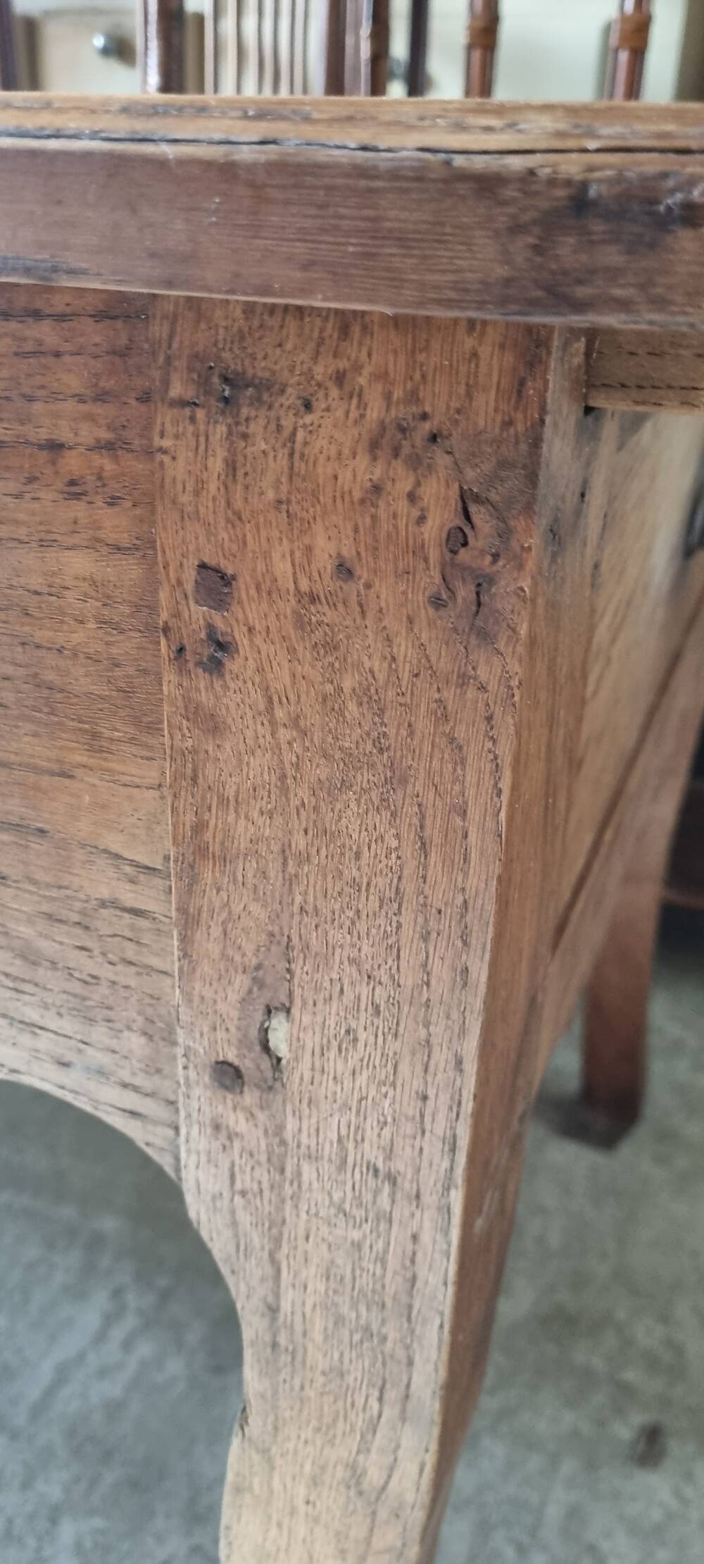 Solid oak farmhouse table, one drawer, vintage, early 20th century.