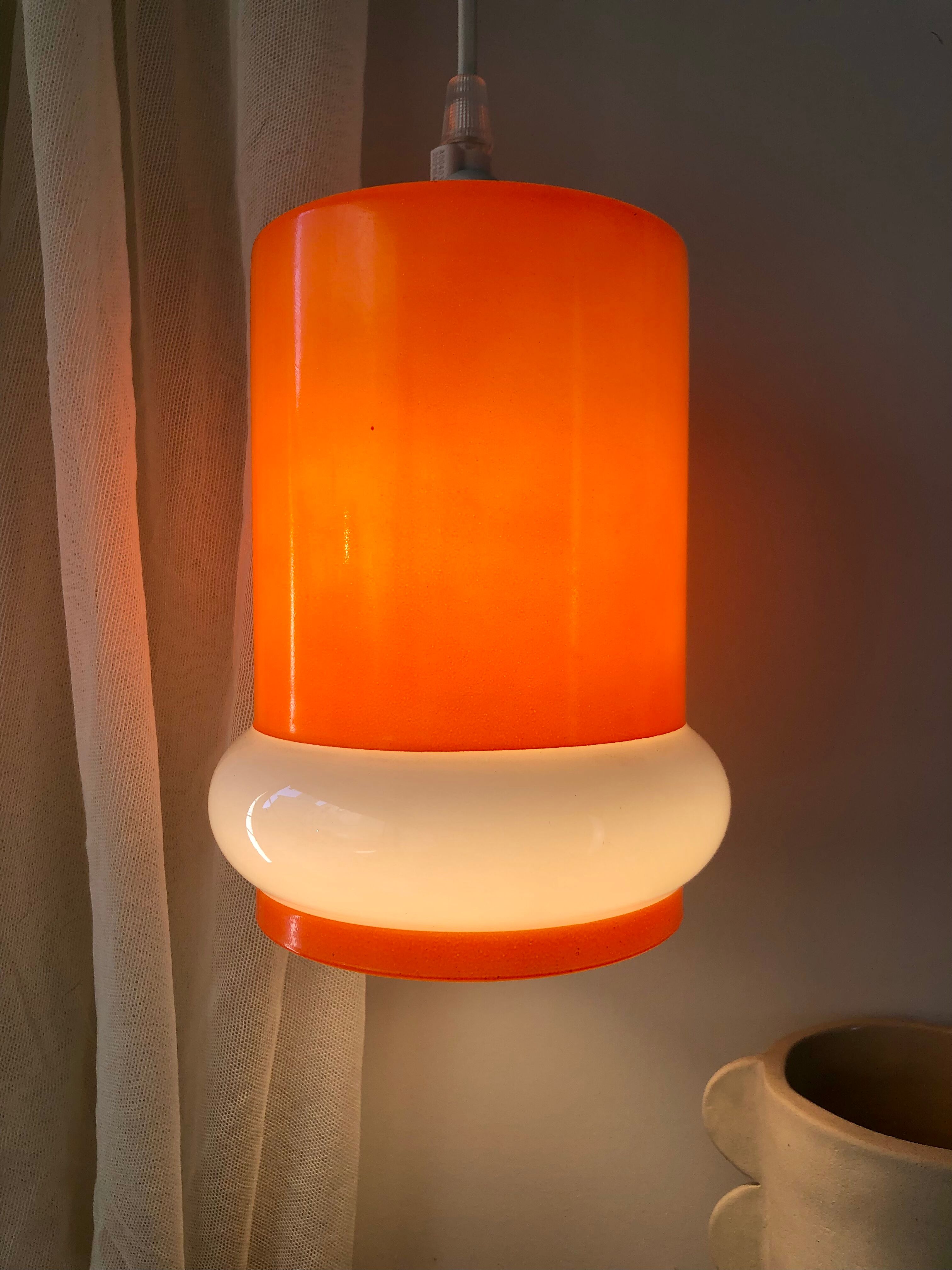 Orange & white opaline glass pendant lamp