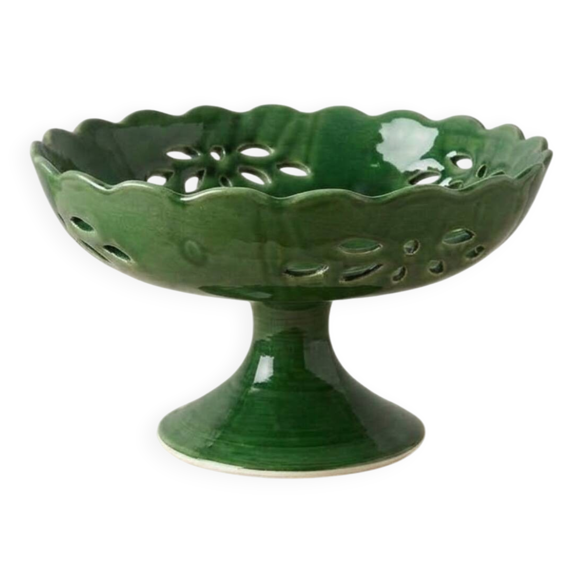 Cup on pedestal / Openwork compote in emerald green ceramic – Vi
