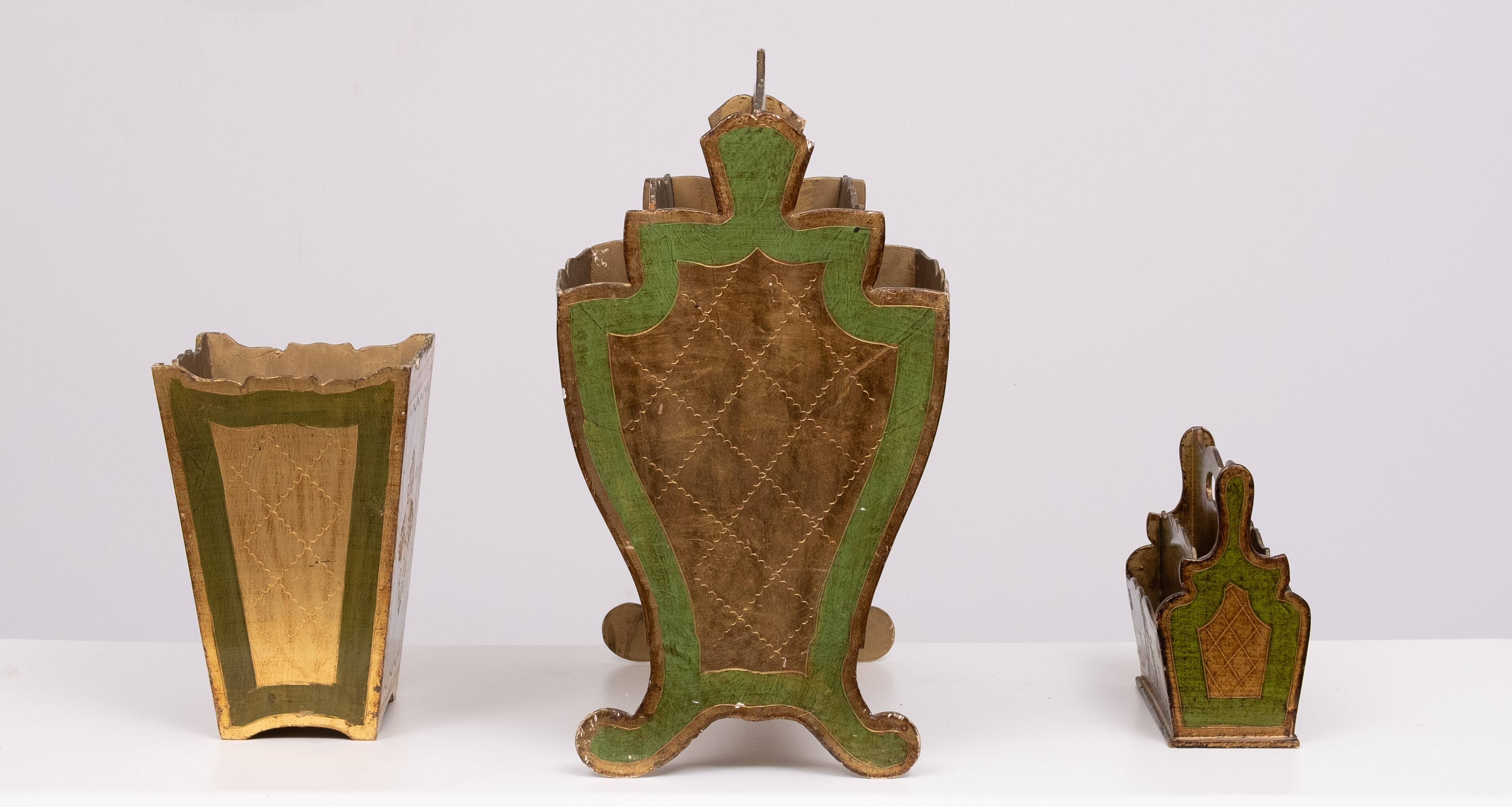 Set of 3 florentine newspaper rack, letter holder, paper basket 1960s italy