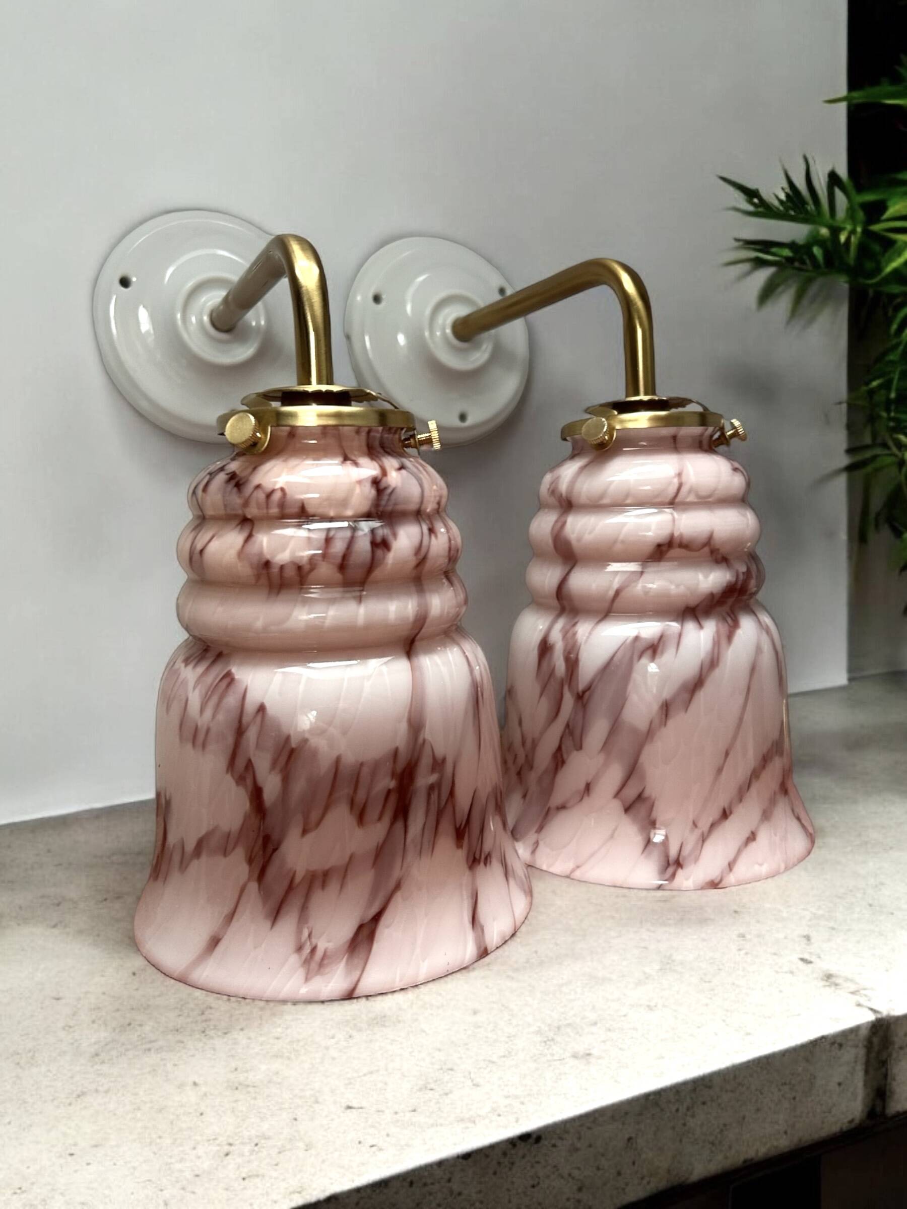 Pair of marbled pink opaline wall lights
