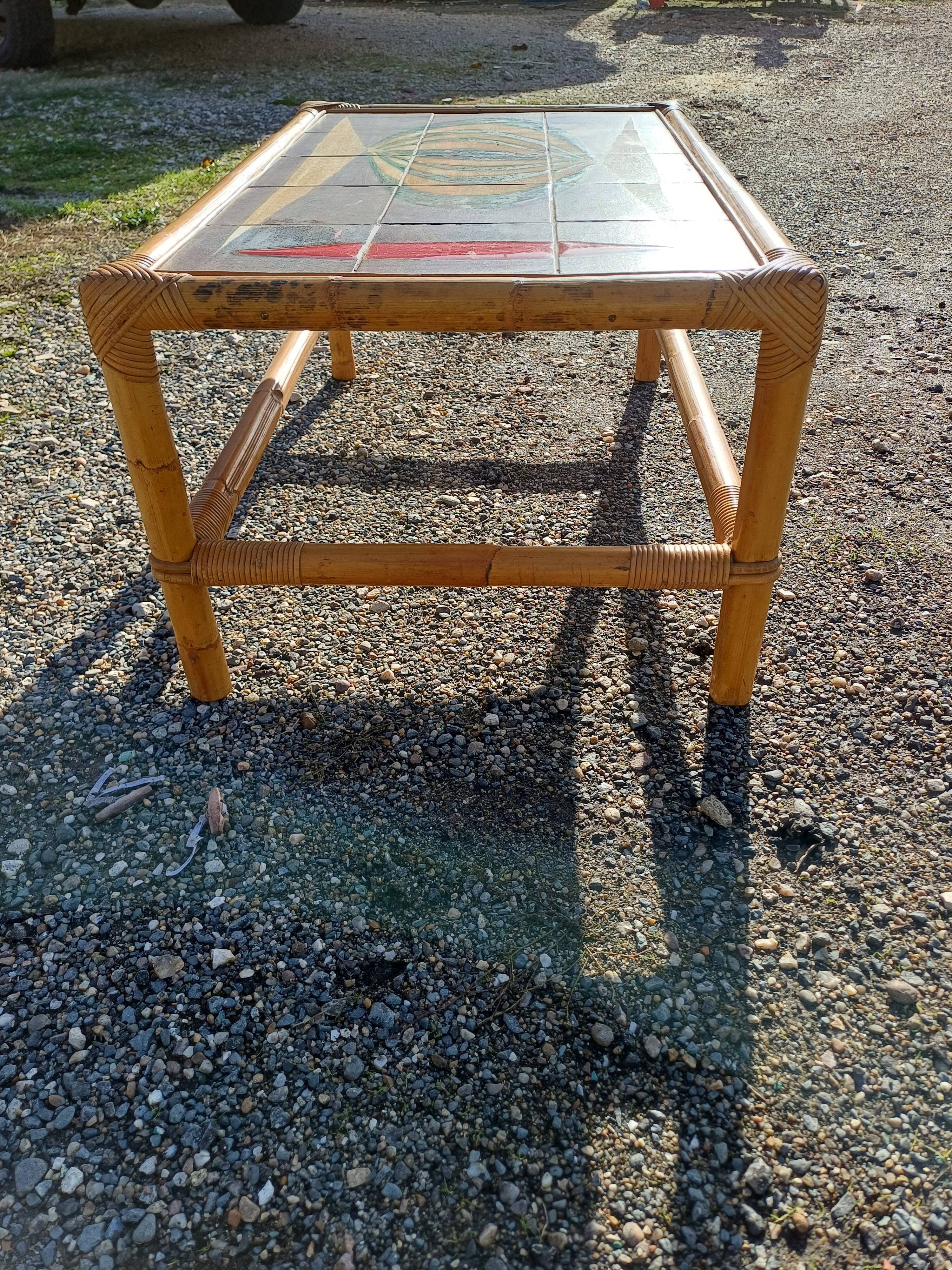 Vintage bamboo and earthenware coffee table signed jl gruer