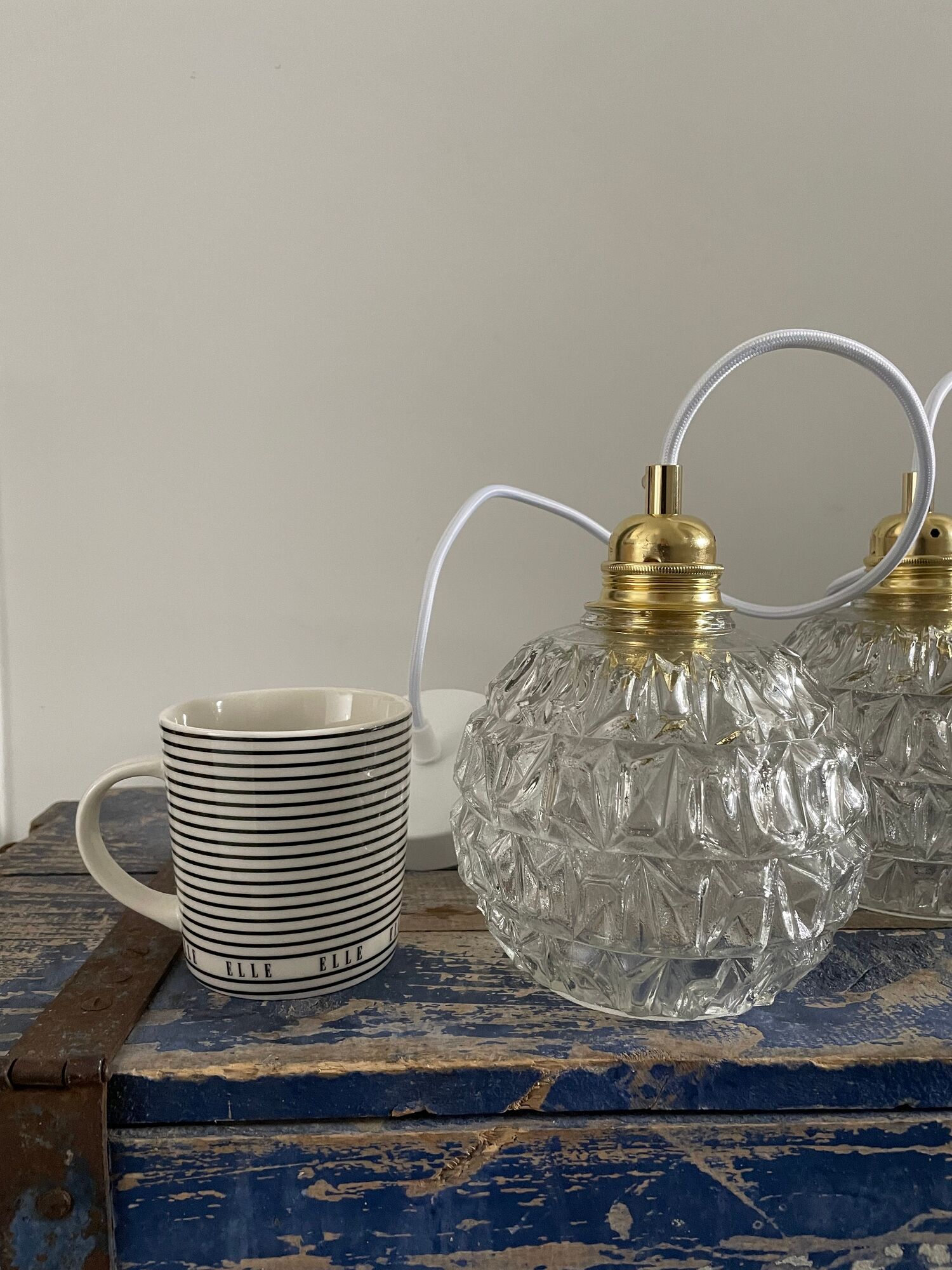 Set of two vintage electrified glass pendant lamps