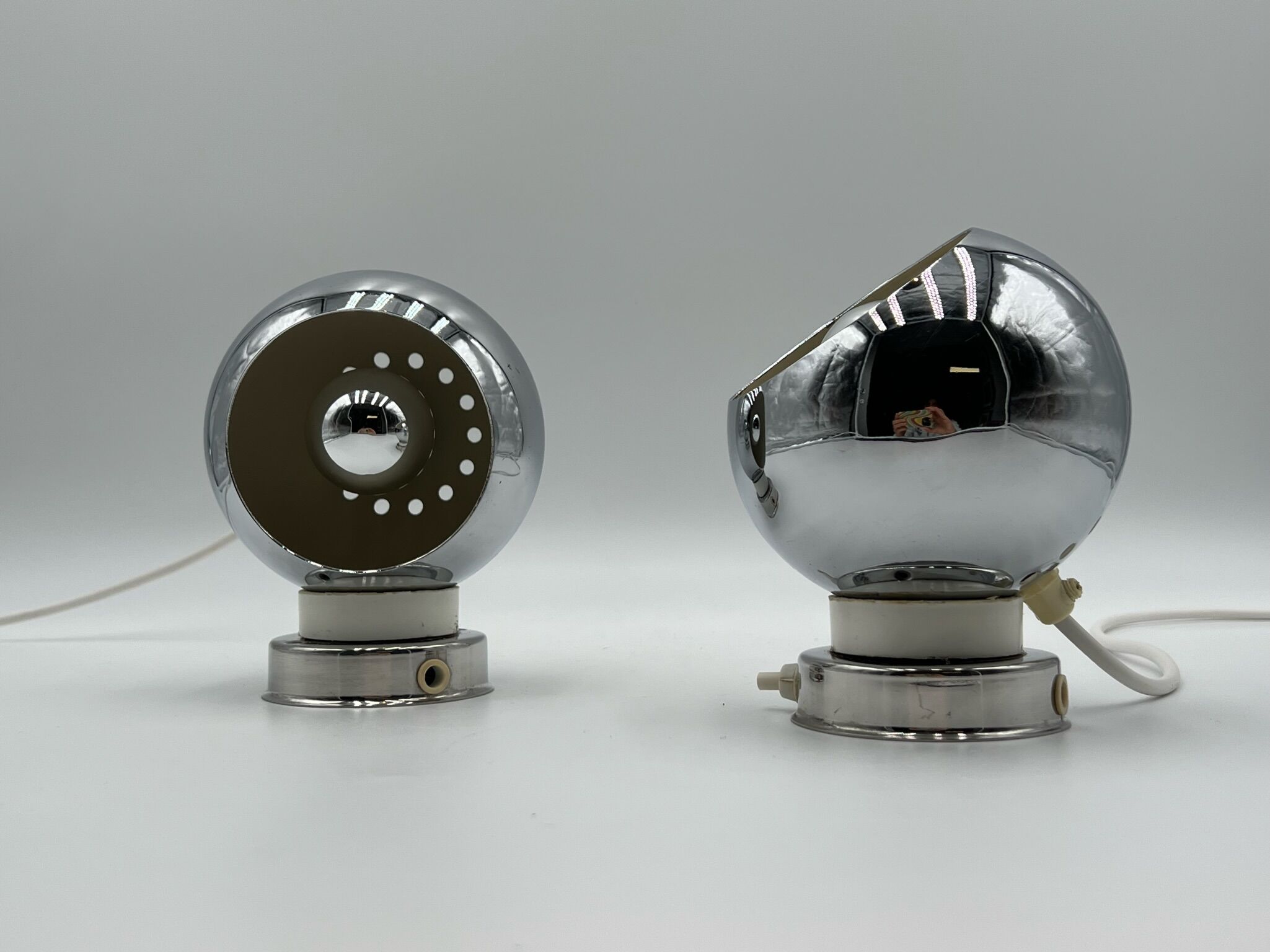 Reggiani Eyeball 60s Lamp Set - chromed globe wall lamps - space age desk lamps