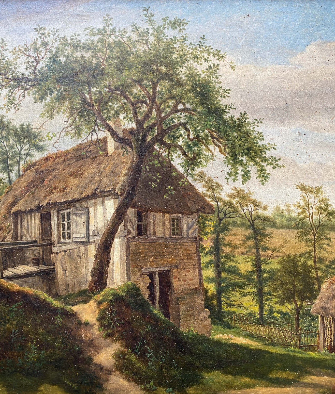 Table XIX° century, farm with thatched roof in the woods", signed Delattre