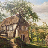 Table XIX° century, farm with thatched roof in the woods", signed Delattre