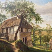 Table XIX° century, farm with thatched roof in the woods", signed Delattre
